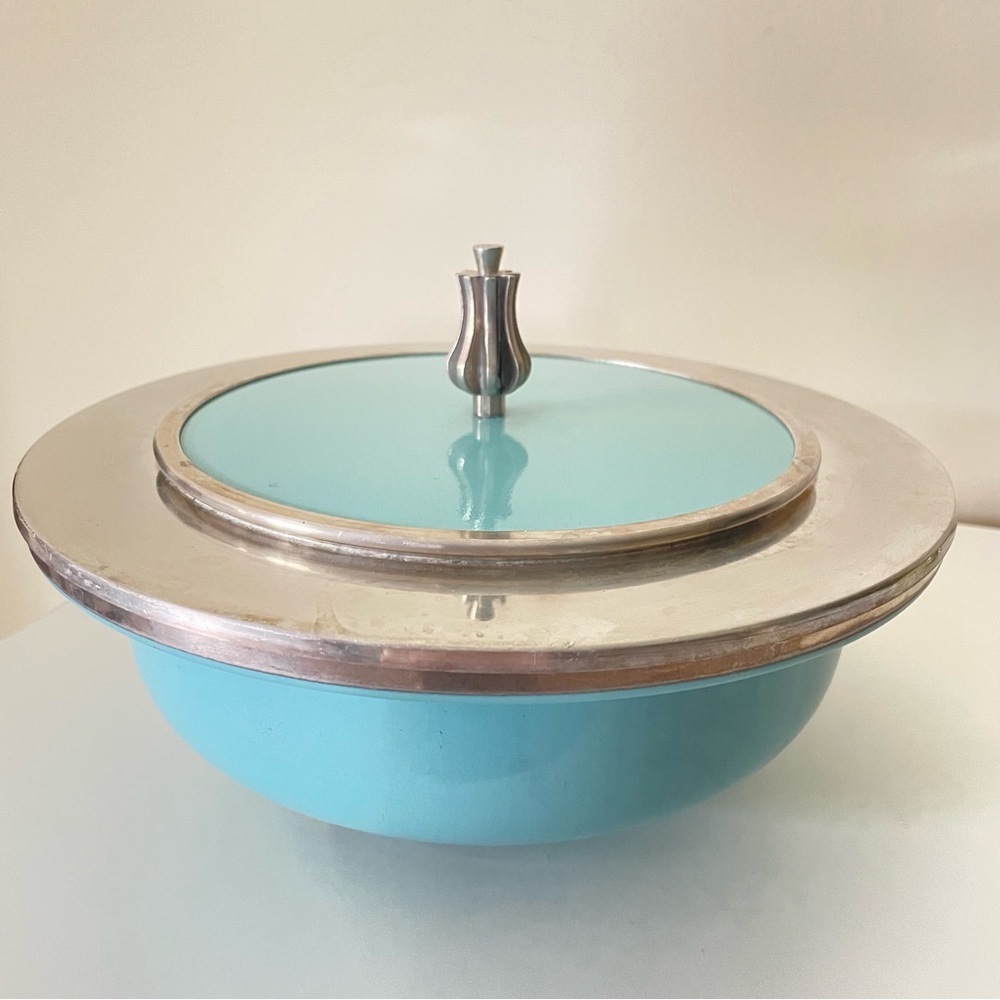 1950s B W Buenilum Turquoise Blue Aluminum Footed Serving Dish Lid MCM